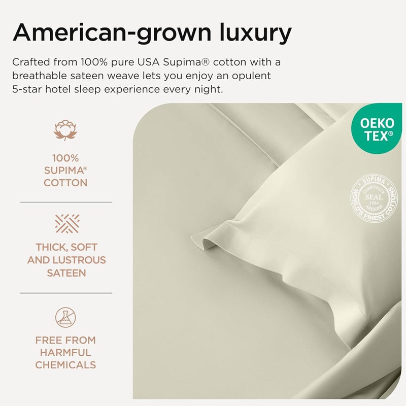Threadmill Supima Cotton Sheets - Queen, 1000 Thread Count, 4 Piece Luxury Bedding Set, Hotel Quality Sateen Weave, Ivory with Elasticized Deep Pocket - Image 3